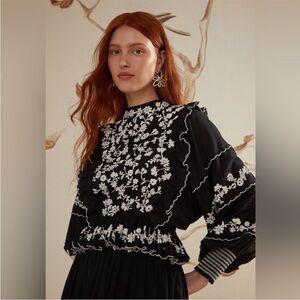 Farm Rio Black Embroidered Ruffle Longe Sleeve Blouse